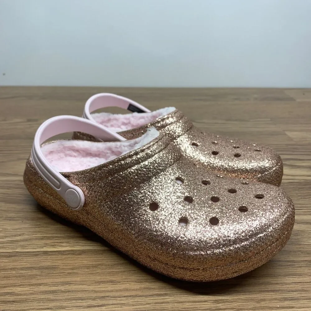 Crocs Lined Pink Glitter Girl's Clogs Size Junior‎ 4